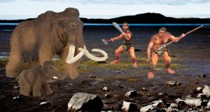 Neanderthals battling a mammoth.
