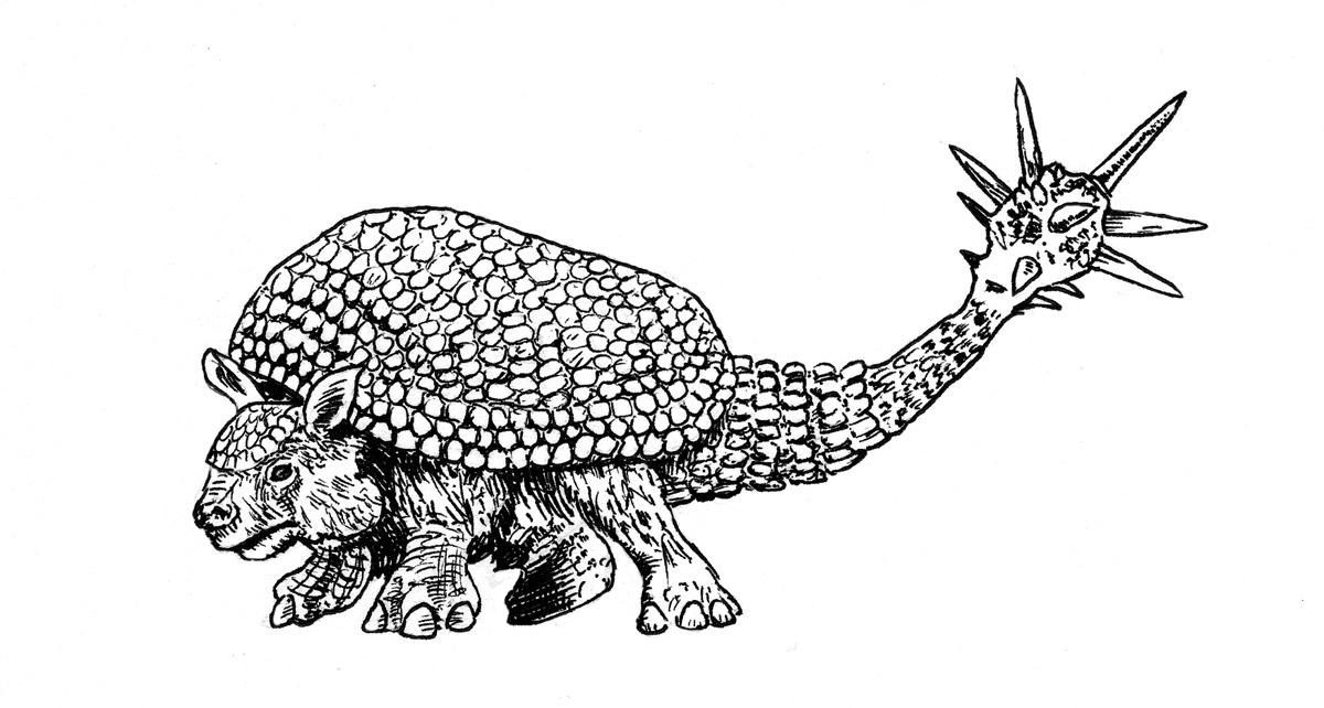 An illustration of Doedicurus.  Prehistoric life models.