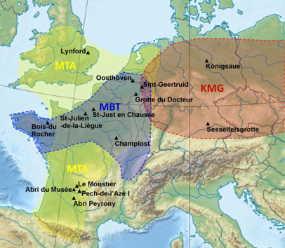 Distinct cultures identified with a transitional zone.