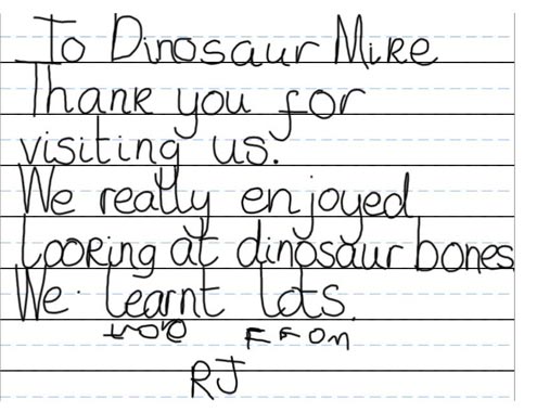 Thank you letter received by Everything Dinosaur.