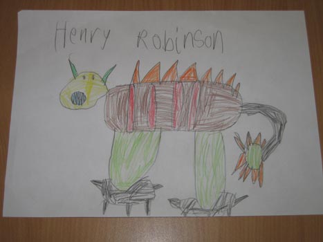 Dinosaur drawings in school.