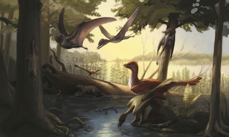 A rich and diverse Jurassic environment dominated by small mammals, Pterosaurs and feathered Theropods.