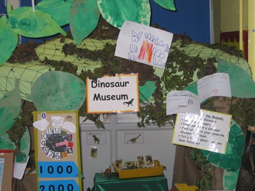 learning about dinosaurs with a classroom dinosaur museum.