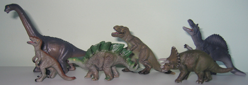 A dinosaur model set which features six prehistoric animals.