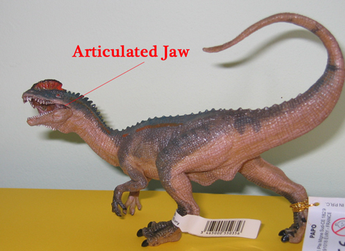 The Papo Dilophosaurus dinosaur model has an articulated jaw.