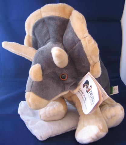 A friendly, cute Triceratops soft toy.