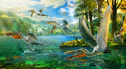 A flock of Ikrandraco Pterosaurs "fishing".
