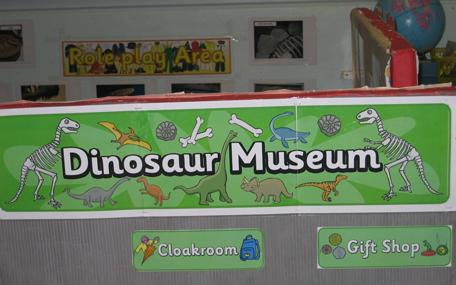 A dinosaur museum set up on the classroom.