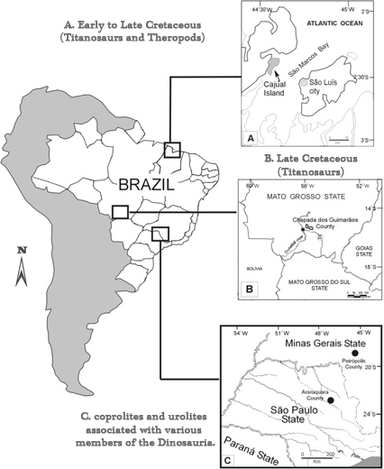 The location of coprolite and urolite fossil specimens included within the 2014 study.