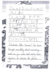 Thank you letter from pupil received by Everything Dinosaur.