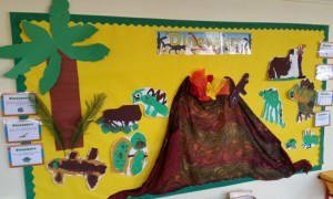 Dinosaur display after a dinosaur workshop in school.