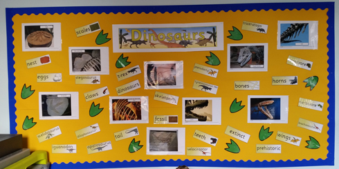 A colourful dinosaur display. "Dinosaur Detectives" term topic.