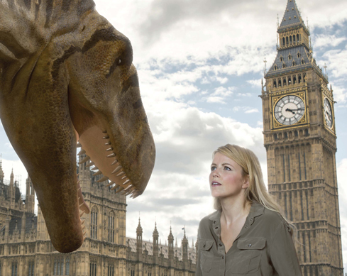 Presenter Ellie Harrison confronts a Theropod dinosaur.