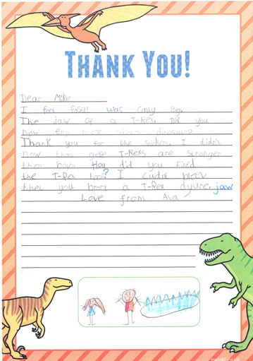 Ava's thank you letter to Everything Dinosaur.