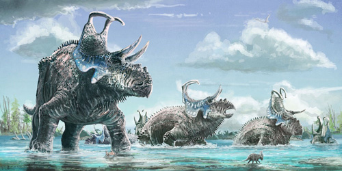 An illustration of a small herd of Machairoceratops dinosaurs by Mark Witton.