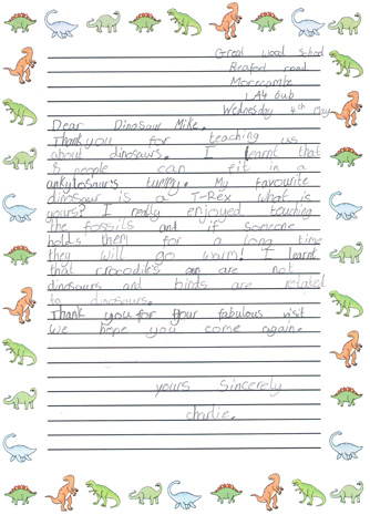 Charlie wrote that he now knew that birds are related to dinosaurs.