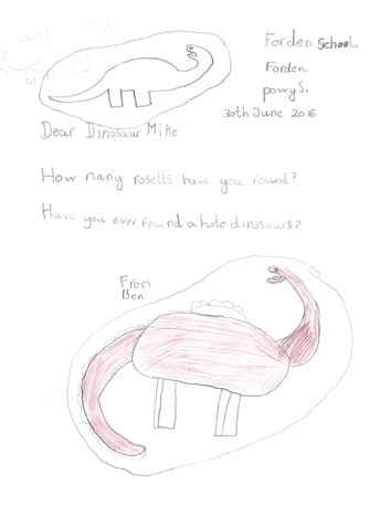 Children write letters about dinosaurs.
