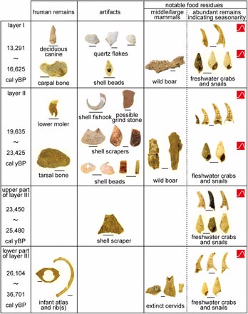 Finds including human fossils from Sakitari cave.