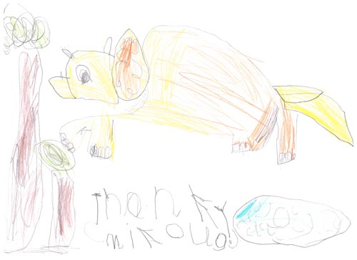 A horned dinosaur drawn by a child in Year 1.