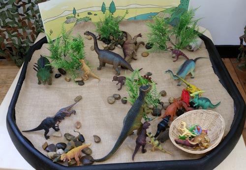 A dinosaur display in the classroom.