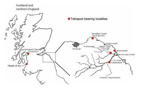 Fossil locations (early Tetrapods) Scotland.
