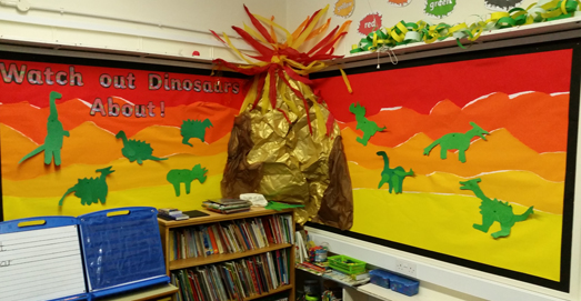 A volcano on display in a classroom.