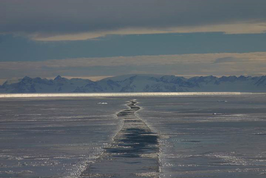 A view from an icebreaker, looking back at Antarctica.