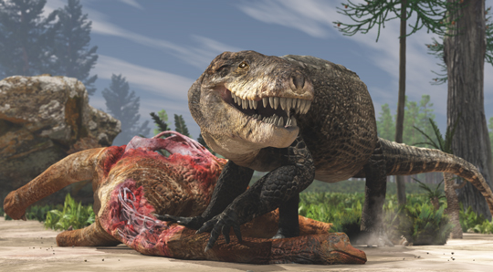 Razanandrongobe feeding on a dinosaur (Razanandrongobe sakalavae).