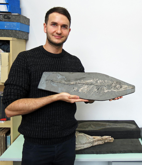 Dean Lomax holding the neonate Ichthyosaurus fossil.