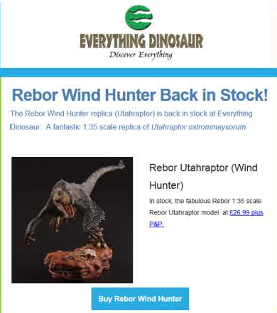 Rebor Utahraptor model features in the Everything Dinosaur newsletter.