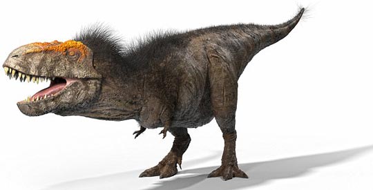 A fuzzy T. rex with orange eye-markings and bristles.