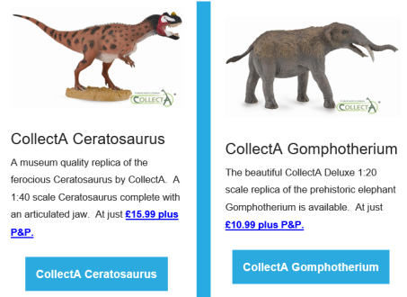 CollectA Gomphotherium 1;20 scale model and the 1:40 scale CollectA Ceratosaurus.
