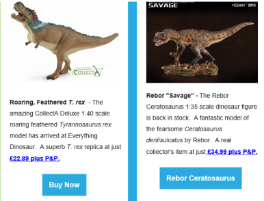The CollectA roaring, feathered T. rex and the Rebor "Savage" Ceratosaurus.
