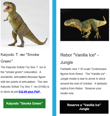 Kaiyodo Sofubi Toy Box T. rex dinosaur figure (smoke green) and a Rebor "Vanilla Ice" - jungle variant.