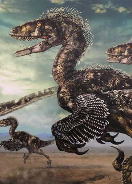 An illustration of a flock of Deinonychus.