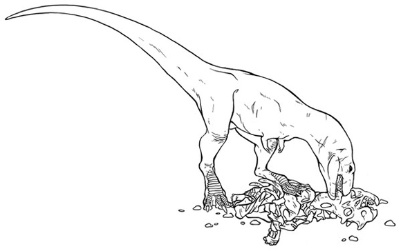 A speculative illustration of a young Gorgosaurus feeding on the carcass of a juvenile Centrosaurus.