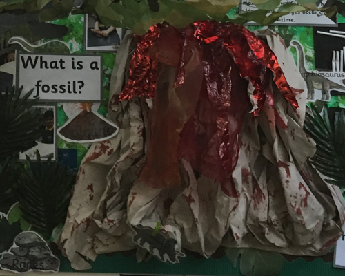 A volcano on display in a classroom.
