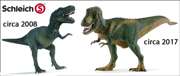 Schleich Tyrannosaurus rex models circa 2008 and circa 2017.