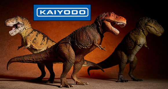 Kaiyodo Sofubi Toy Box T. rex figures.