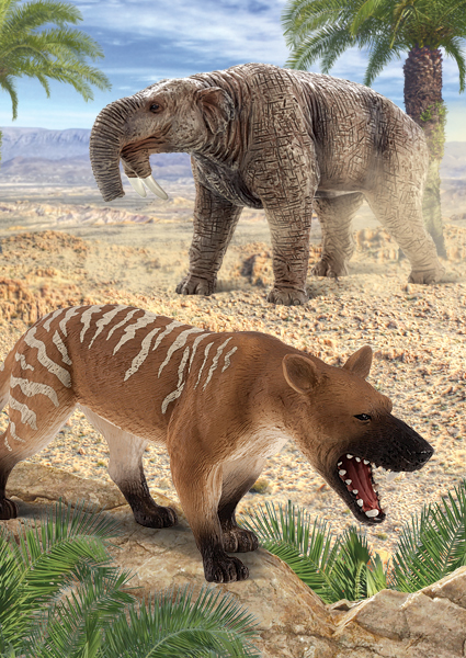 A landscape featuring Mojo Fun prehistoric mammal models.