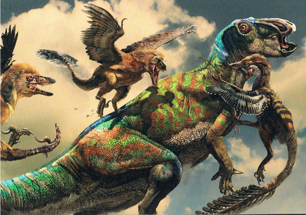 Jinzhousaurus under attack from "raptors". An illustration by Zhao Chuang.