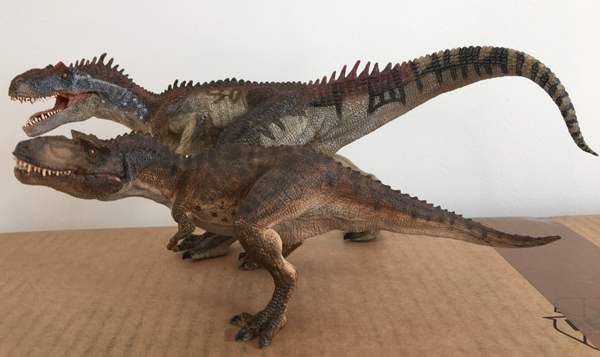 The Papo Gorgosaurus compared to the Papo Allosaurus dinosaur model.