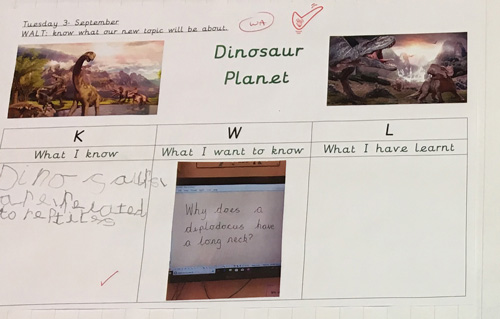 At the start of the dinosaur topic the Year 1 children recorded what they know about dinosaurs.