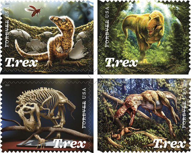 New T. rex postage stamps issued by the U. S. Postal Service.