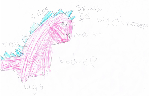 A beautiul pink dinosaur drawn by a young palaeontologist.