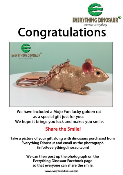 Everything Dinosaur giving away Mojo Fun golden rat key rings.