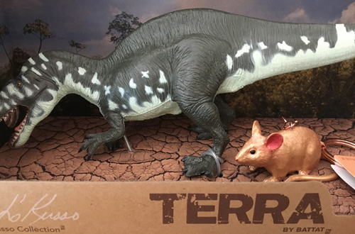 Two unlikely companions an Acrocanthosaurus and a golden rat.