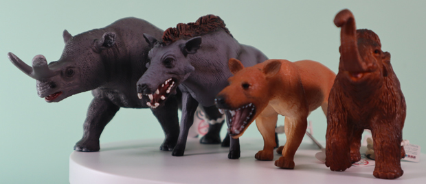 Prehistoric mammal models from Mojo.  Models of early mammals.
