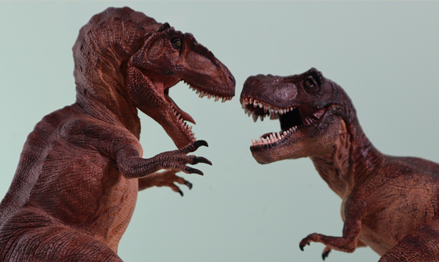Papo Giganotosaurus model confronts the Papo Brown T. rex.