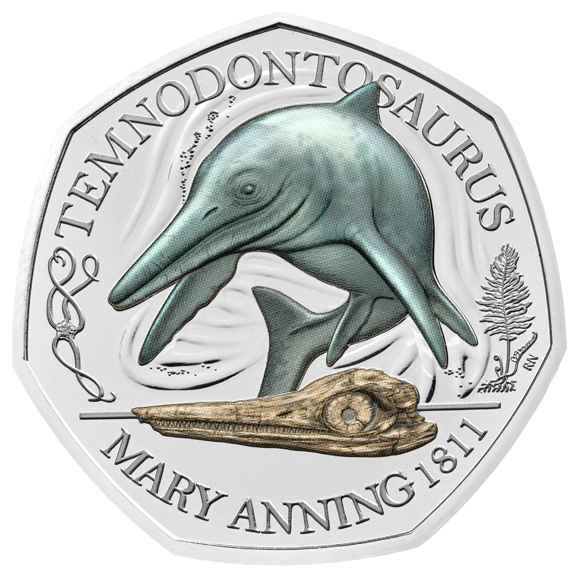 A coin features an ichthyosaur (Temnodontosaurus).